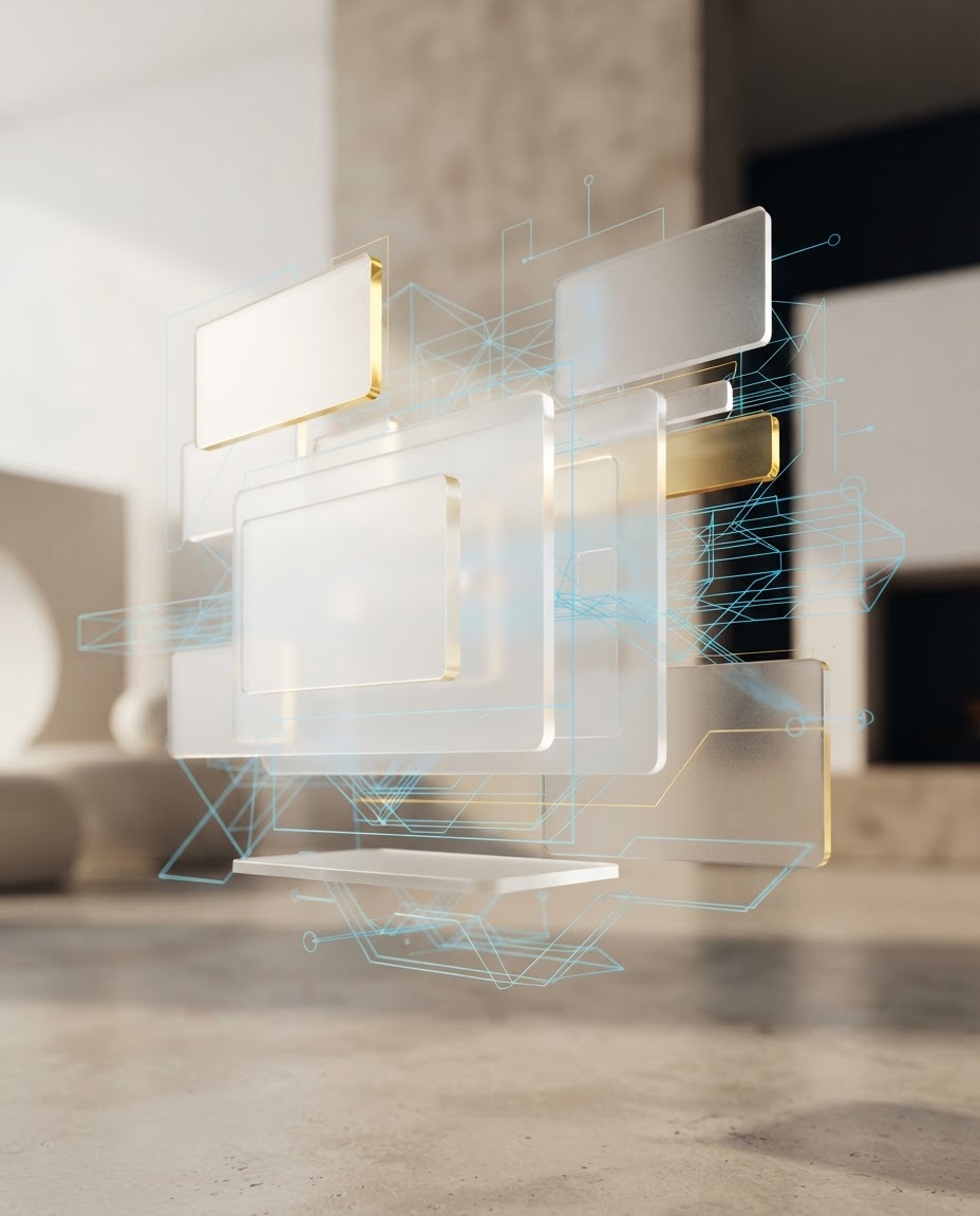 Frosted glass interface panels and cyan wireframe — web technology visual for Disayana Digital Marketing